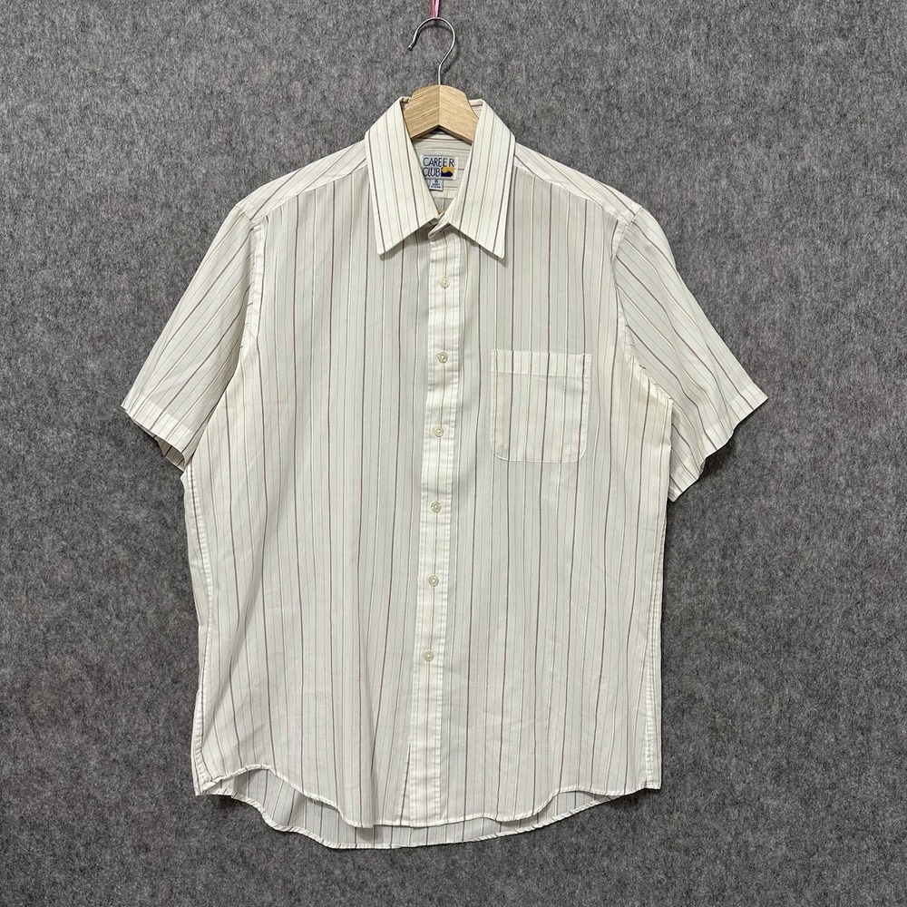 Vintage 70s 80s Career Club Striped Button Shirt Men's Sz Large 16 Short Sleeve